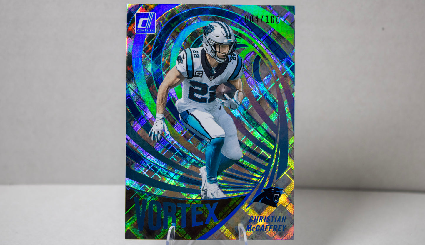 Christian McCaffrey – Donruss Vortex Cosmic /100 (VTX‑10)