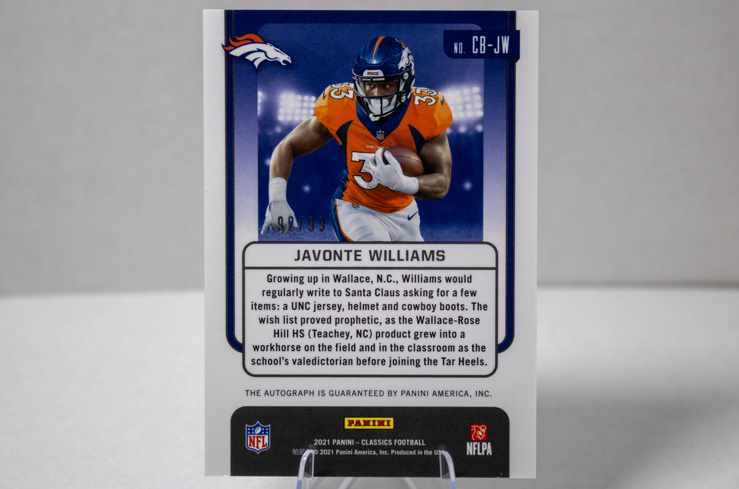 Javonte Williams – Panini Classics Classic Beginnings Rookie Autograph /99 (No. CB‑JW)