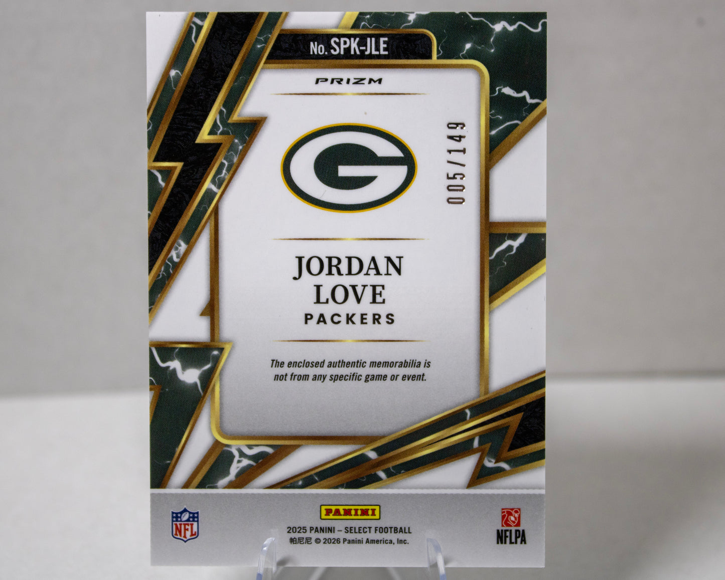 Jordan Love – Panini Select Sparks Memorabilia /149 (No. SPK‑JLE)