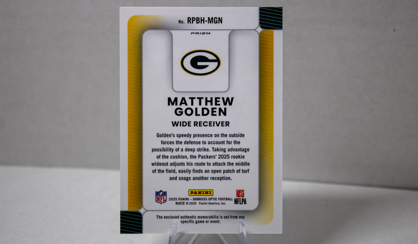 Matthew Golden – Panini Donruss Optic Prizm Rookie Patch Packers No. RPBH‑MGN